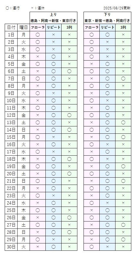 9月の運休カレンダー